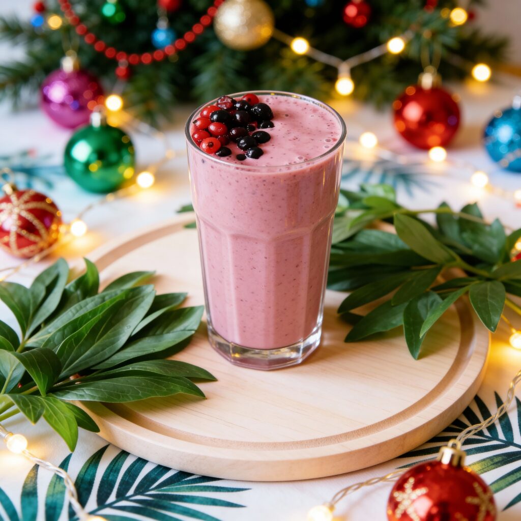 Queen Garnet coco plum bliss in a glass on a table, with green leaves laid around the cup