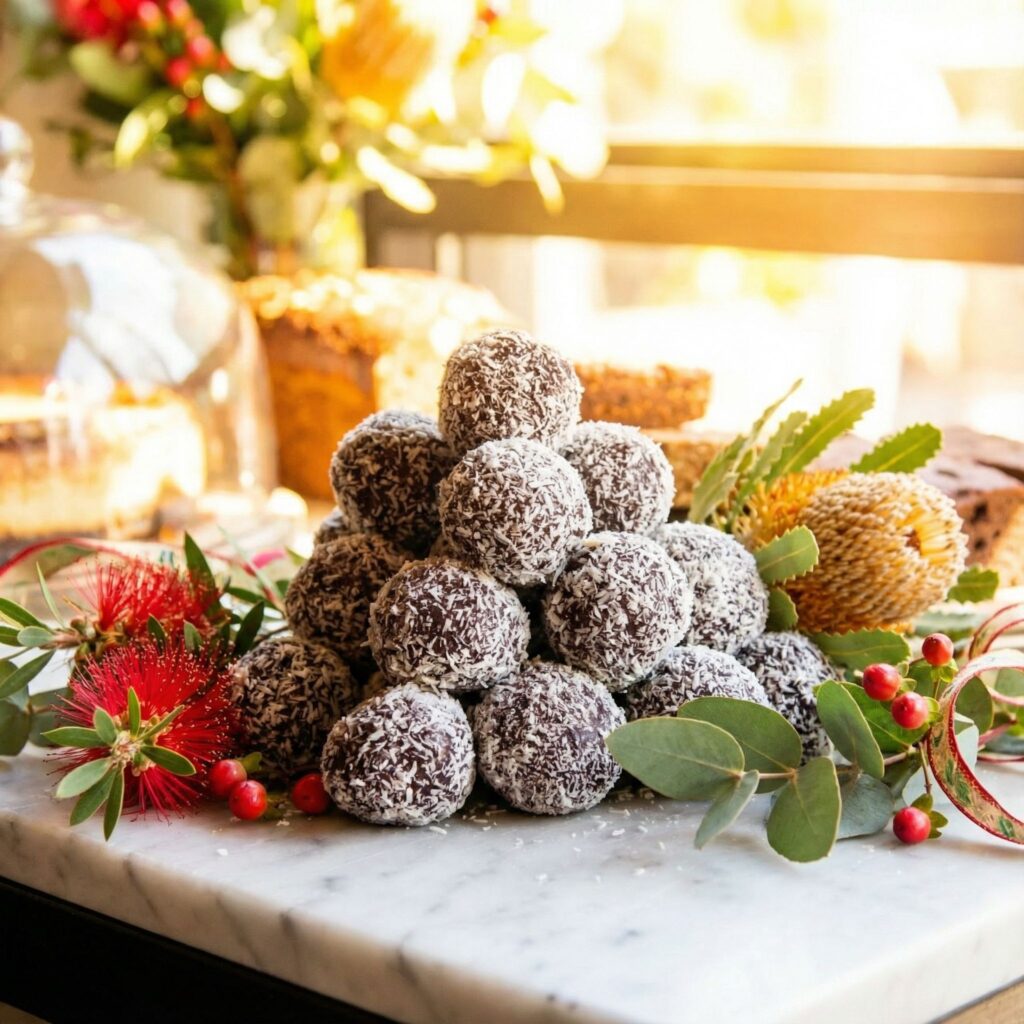 A stacked pile of Queen Garnet plum rum balls on a bench, with other various desserts sitting in the background